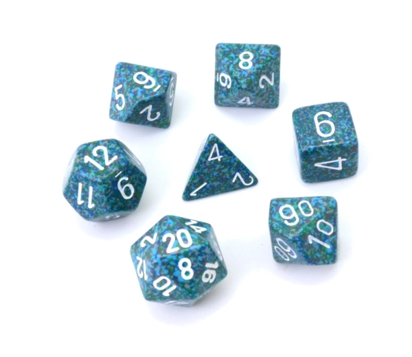 Set 7 dés multi-faces Speckled Sea effet granit bleu Chessex